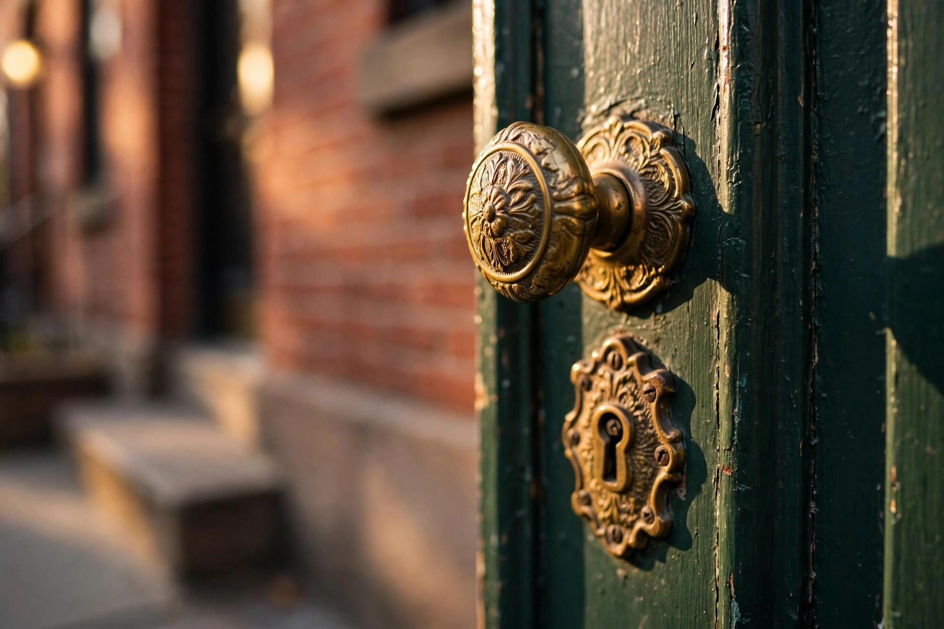Polished brass deadbolt and handle on a Manhattan apartment door